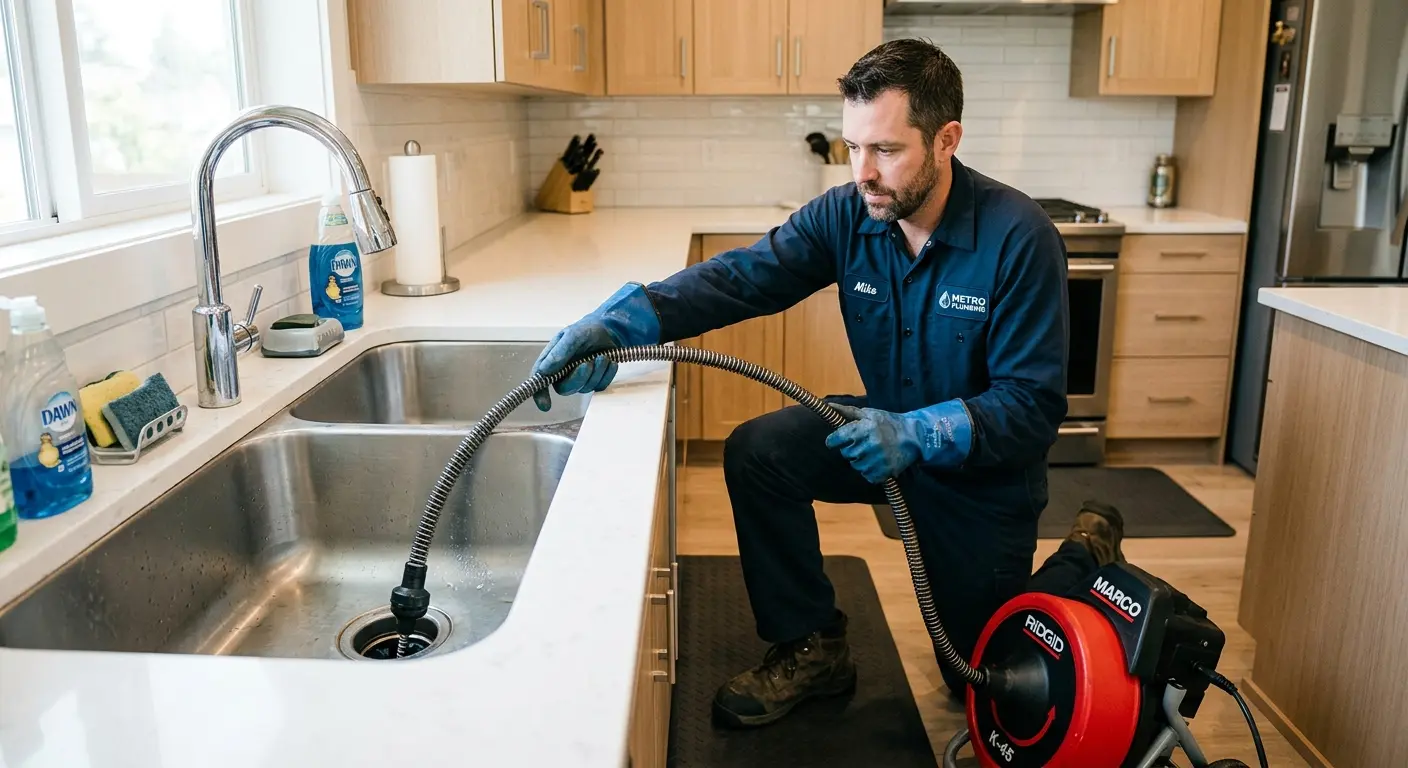 Drain cleaning technician using a motorized snake on a kitchen sink in Huntsville