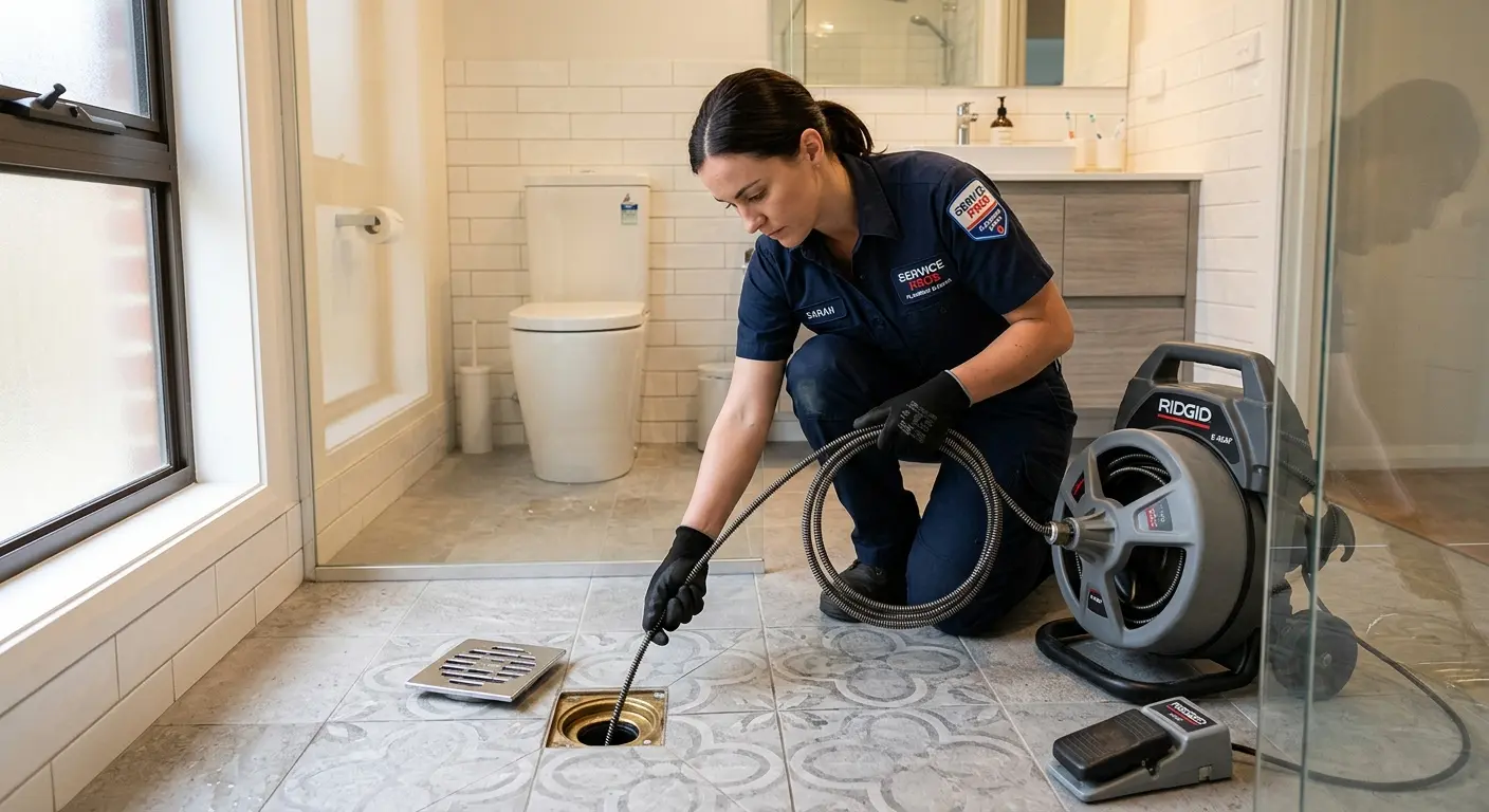 Technician clearing a bathroom floor drain for Drain Cleaning in Huntsville